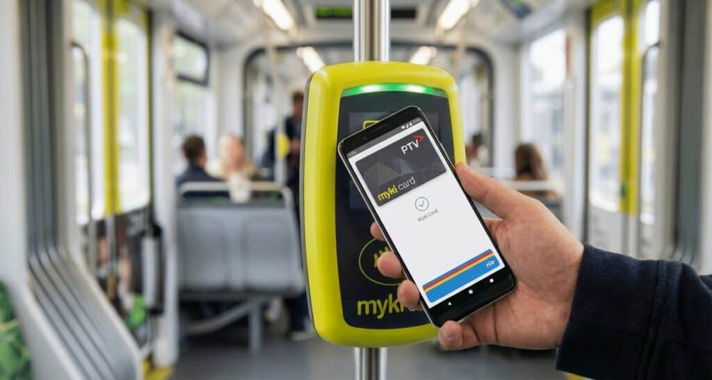 Person using mobile payment app on bus card reader in public transit.