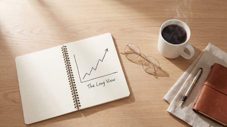Overhead view of a clean desk with a notebook and coffee, representing deep analysis of Australian economic data.