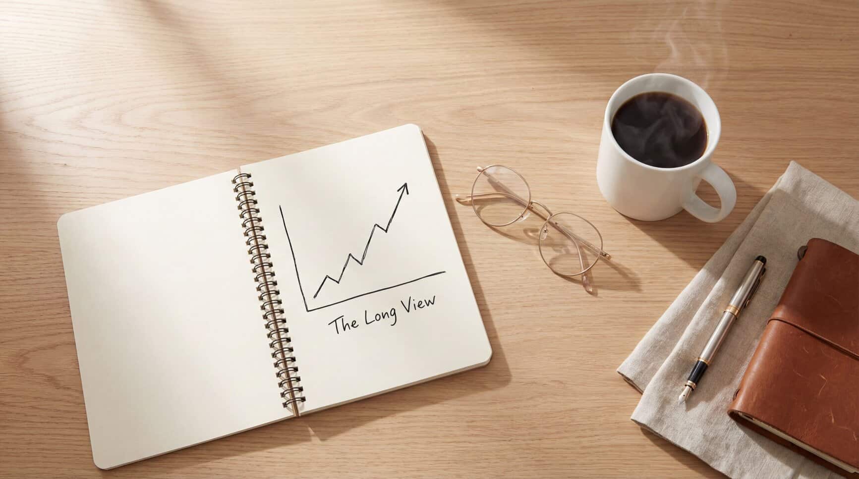 Overhead view of a clean desk with a notebook and coffee, representing deep analysis of Australian economic data.