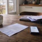 Paperwork, a smartphone and a cup of coffee on a wooden table by a window.
